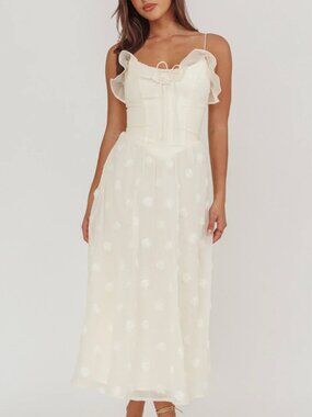 Indikah Cream/Ivory Ruffle Bow Neck Midi Dress with Rosette Embroidery - Small